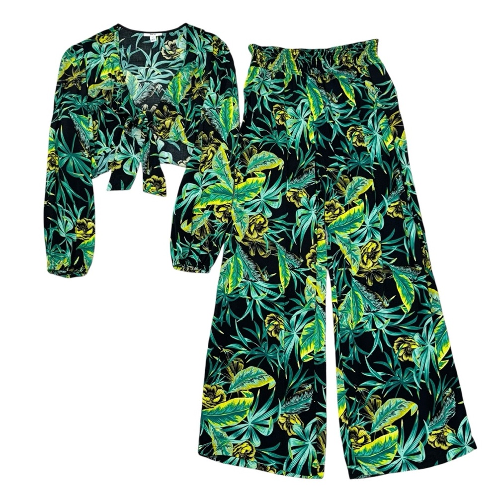 BAR III Set Tie Front Top Wide Leg Pants Palm Tree Resort Outfit Size XL 2XL
